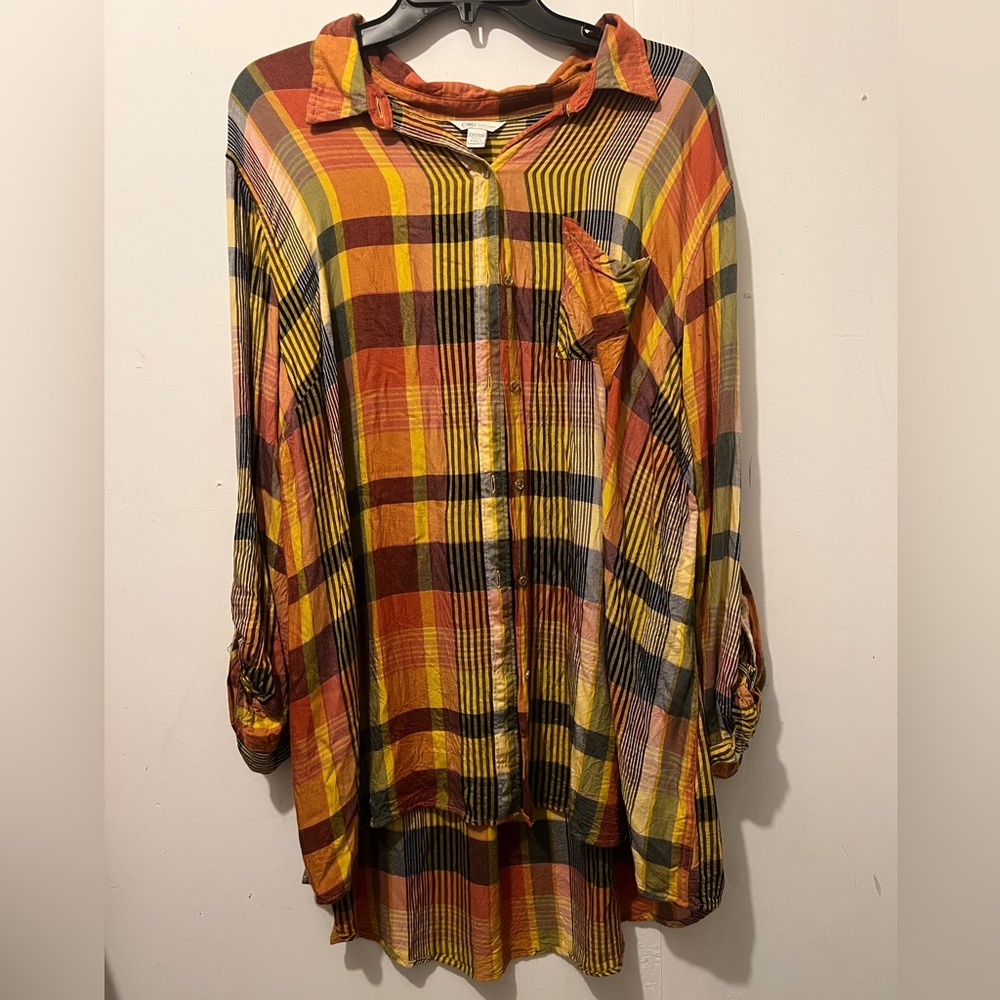 Cato Plaid Button Down High-Low Tunic Top Multicolor Womens Plus Size 22/24W